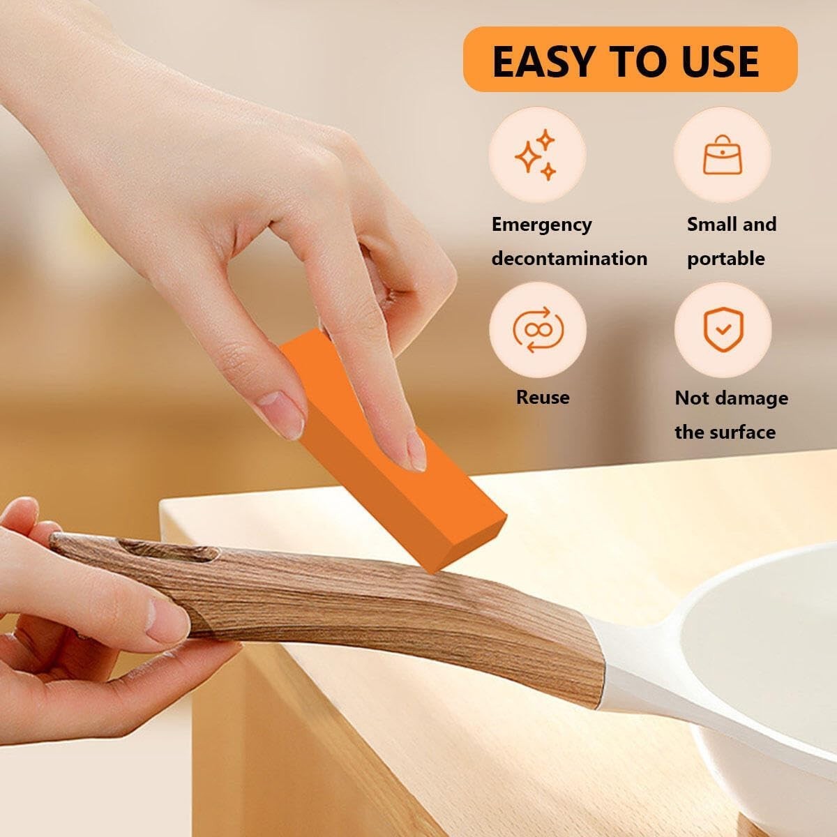 Waf Store Lebanon rust removal eraser cleaning a pan handle, showing portable design and non-scratch surface care.