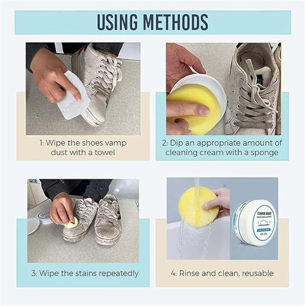 Waf Store Lebanon white shoe cleaning cream application guide showing four steps to clean leather sneakers with a sponge