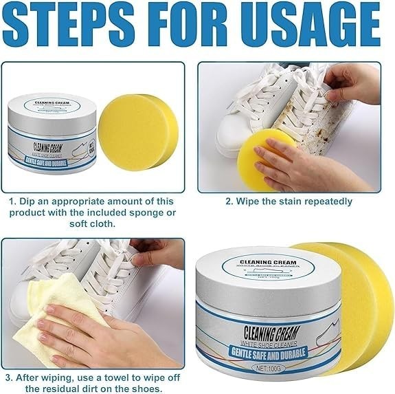 Waf Store Lebanon white shoe cleaning cream with yellow sponge showing application steps on leather sneakers