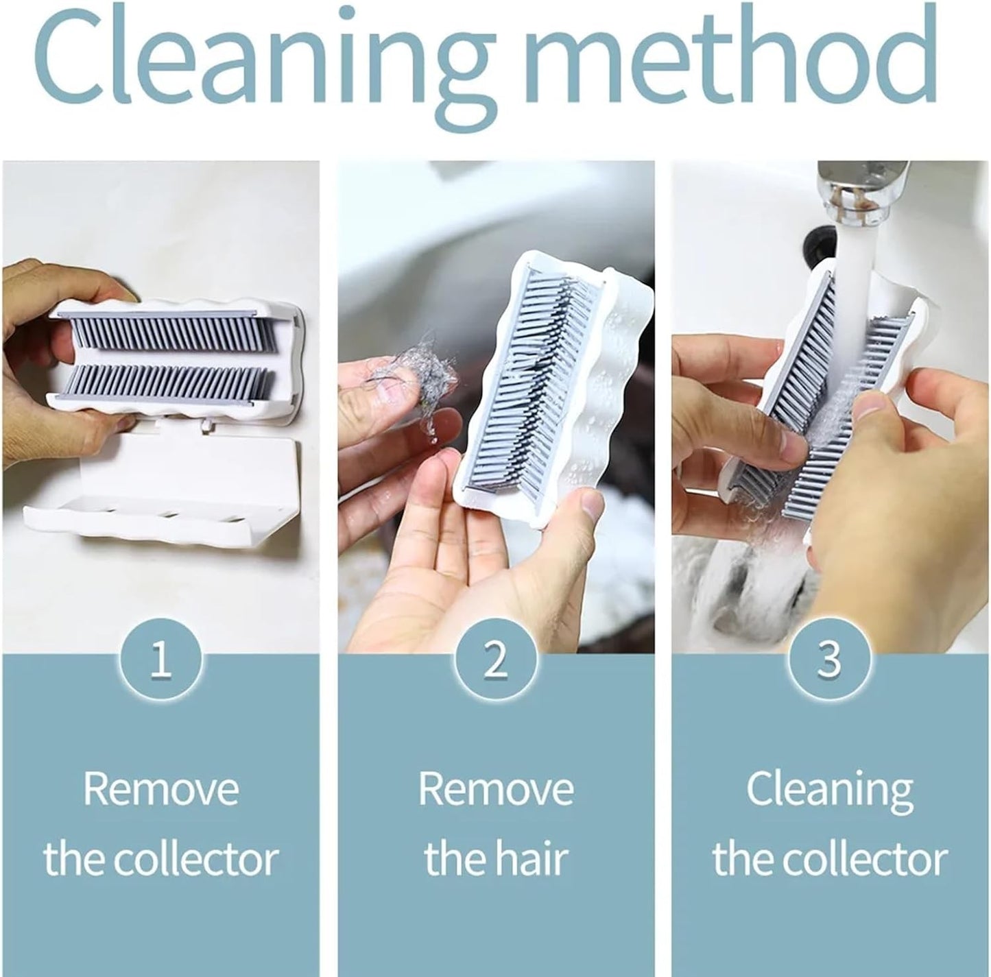 Waf Store Lebanon shower hair catcher showing three steps for removing, cleaning hair, and rinsing the device