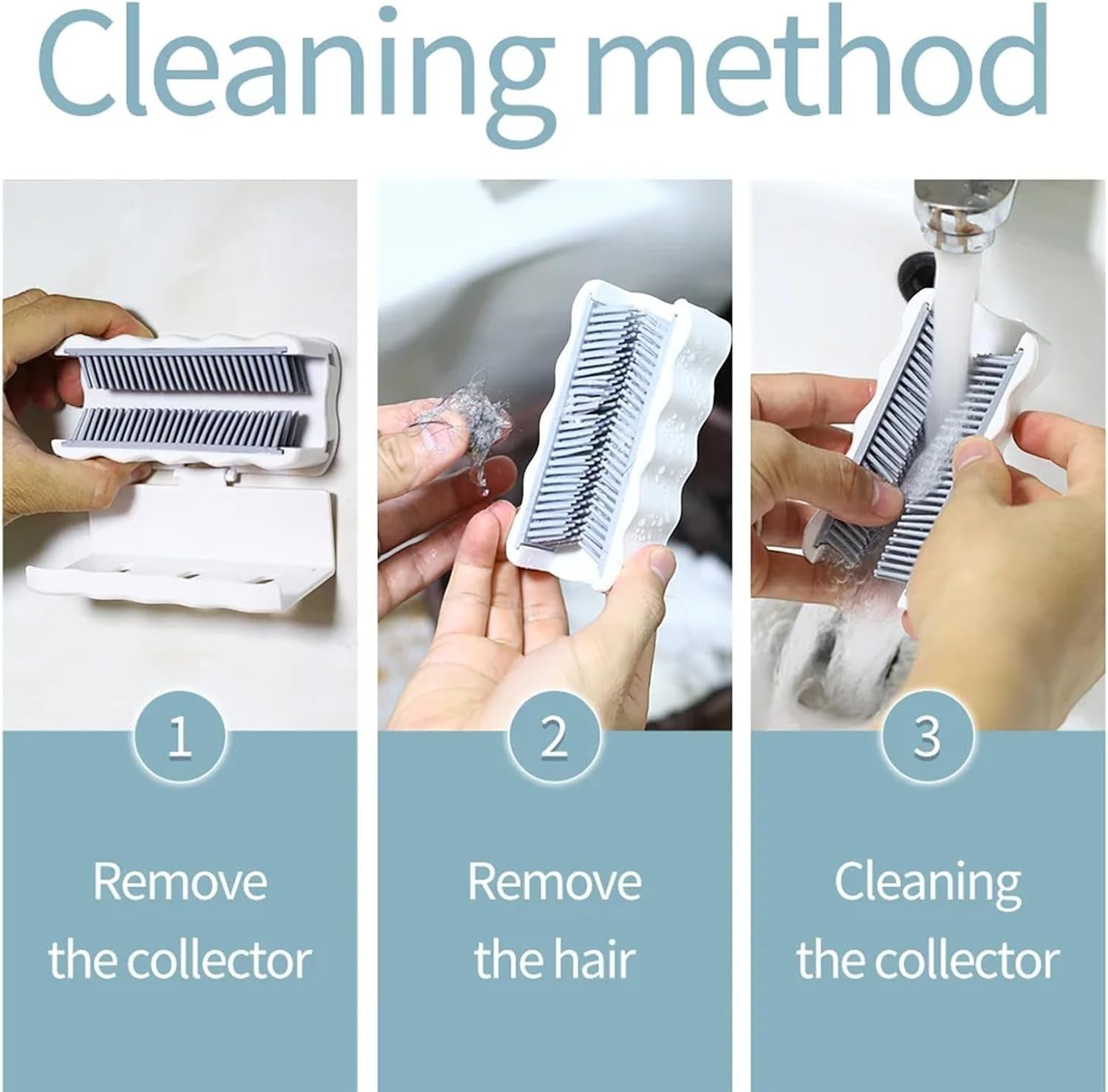 Waf Store Lebanon shower hair catcher showing three steps for removing, cleaning hair, and rinsing the device