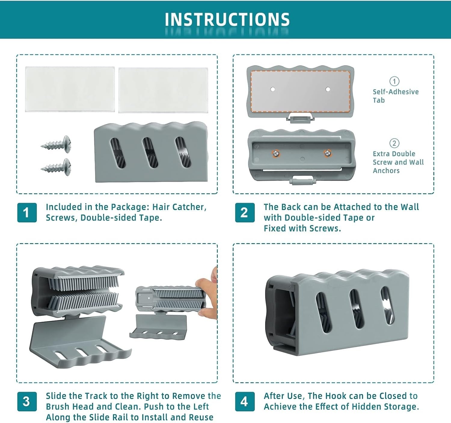 Waf Store Lebanon shower hair catcher installation guide showing parts, adhesive, screws, and sliding brush mechanism.