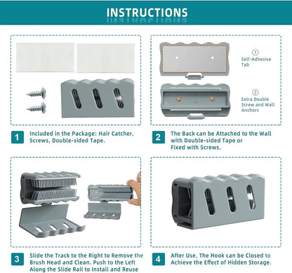 Waf Store Lebanon shower hair catcher installation guide showing parts, adhesive, screws, and sliding brush mechanism.