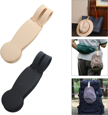 Waf Store Lebanon silicone hat clips in black and beige, shown attached to a backpack, belt, and handbag for travel.