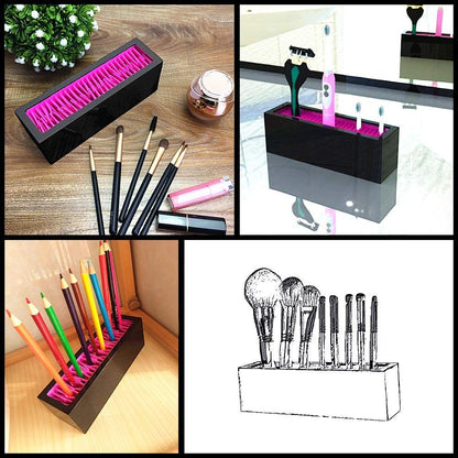 Waf Store Lebanon black silicone makeup brush holder box with flexible slots for organizing brushes and beauty tools.