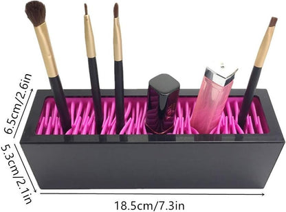 Waf Store Lebanon black and pink silicone makeup brush holder box with various cosmetic tools and dimensions labeled.