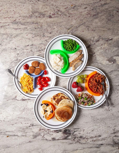 Waf Store Lebanon silicone food dividers in green, blue, and orange suctioning onto plates to separate meal portions