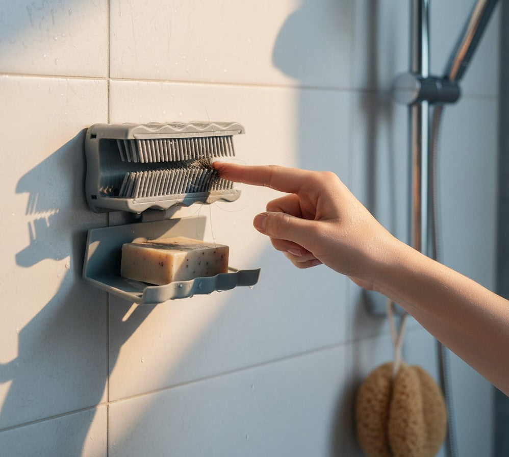Waf Store Lebanon grey silicone shower hair catcher mounted on tiled wall with a hand removing trapped hair