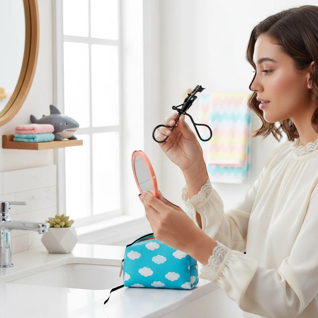 Waf Store Lebanon stainless steel eyelash curler held by a woman in a bright bathroom for a daily makeup routine