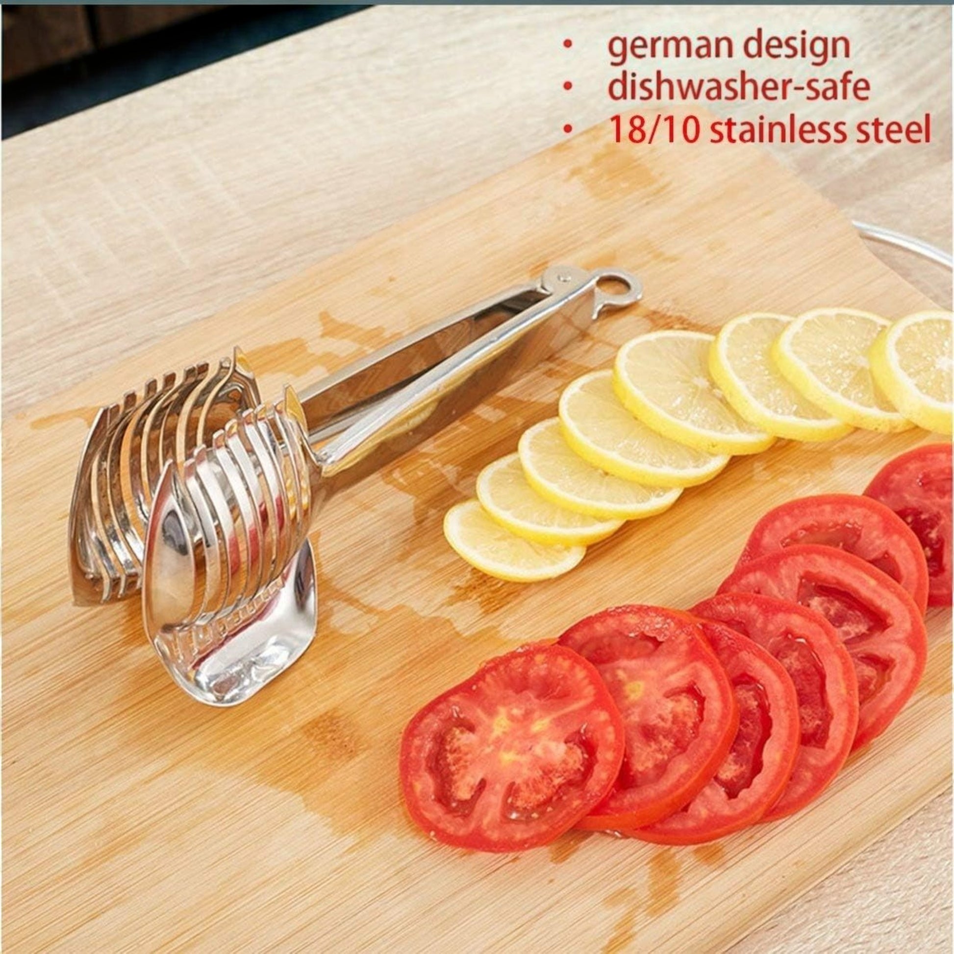 Waf Store Lebanon stainless steel lemon and tomato slicer with anti-slip handle on a wooden cutting board