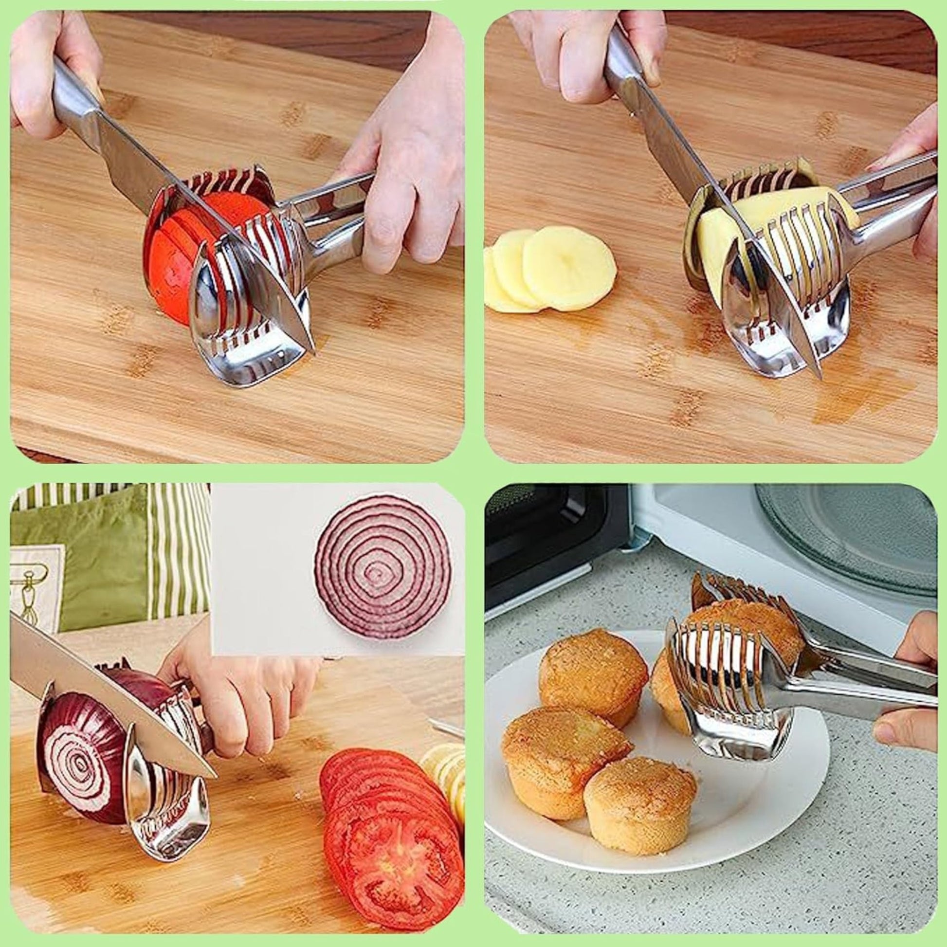 Waf Store Lebanon stainless steel fruit and vegetable slicer clamp cutting tomatoes, onions, potatoes, and muffins.