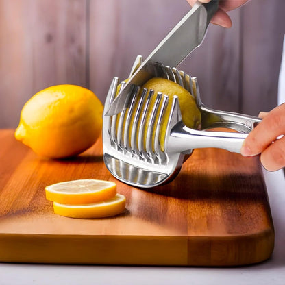 Waf Store Lebanon stainless steel lemon slicer holding a lemon on a wooden cutting board while being sliced with a knife