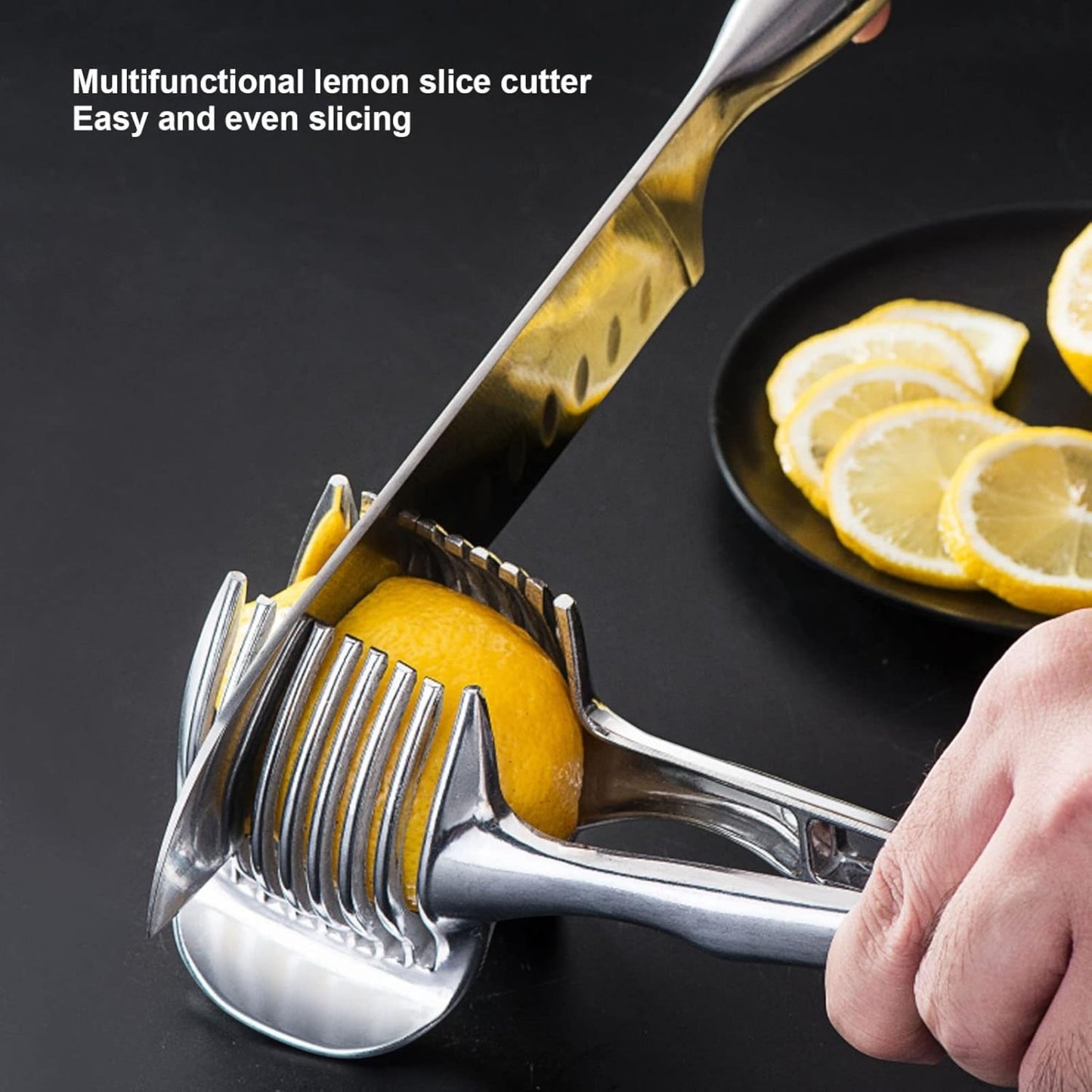 Waf Store Lebanon stainless steel lemon slicer and fruit clamp tool being used to slice a fresh lemon evenly.