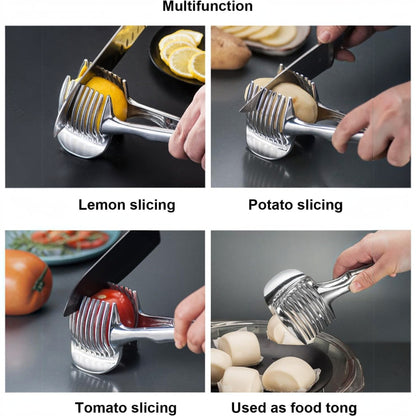 Waf Store Lebanon stainless steel multifunctional fruit and vegetable slicer and food tong tool in action