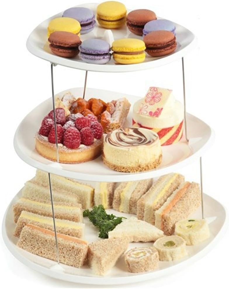 Waf Store Lebanon 3-tier white foldable snack tray displaying assorted pastries, cakes, and tea sandwiches.