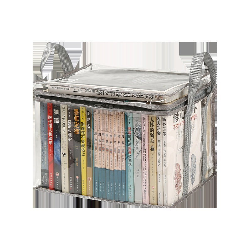 Waf Store Lebanon transparent PVC storage case filled with books, featuring a zip closure and grey fabric handles.