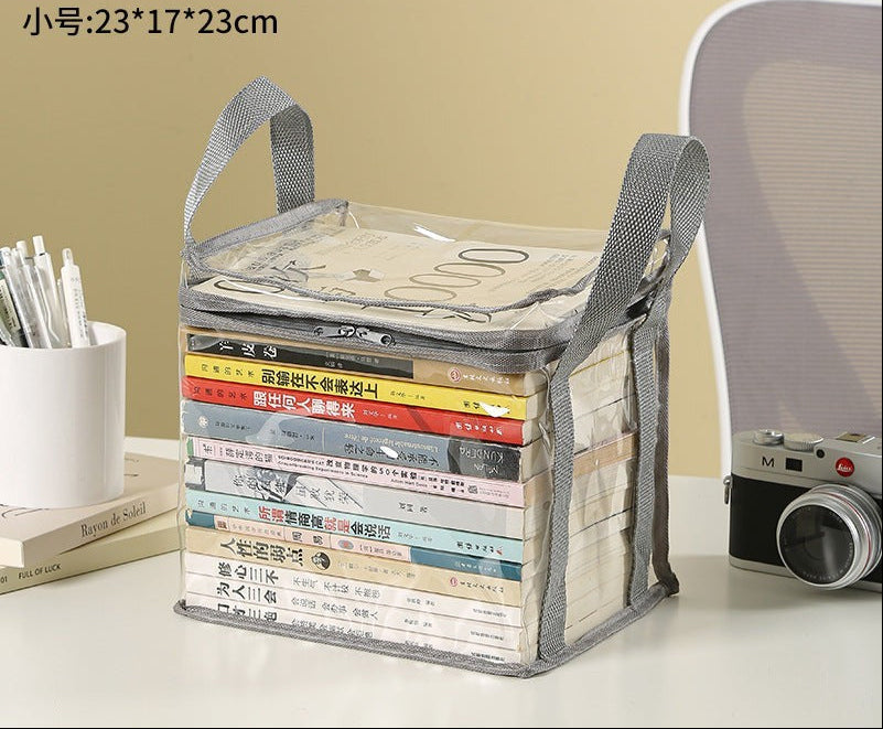 Waf Store Lebanon transparent PVC storage case with grey trim, handles, and zipper, filled with books on a desk.