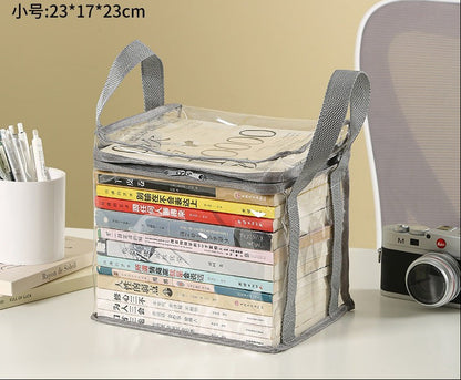 Waf Store Lebanon transparent PVC storage case with grey trim, handles, and zipper, filled with books on a desk.