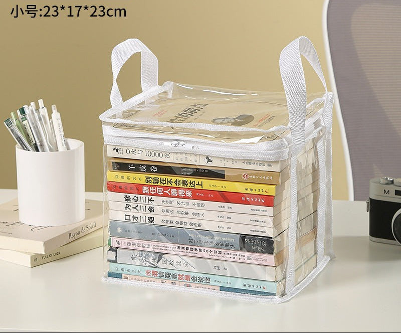 Waf Store Lebanon small transparent PVC storage bag with white trim, handles, and zipper, filled with books on a desk.