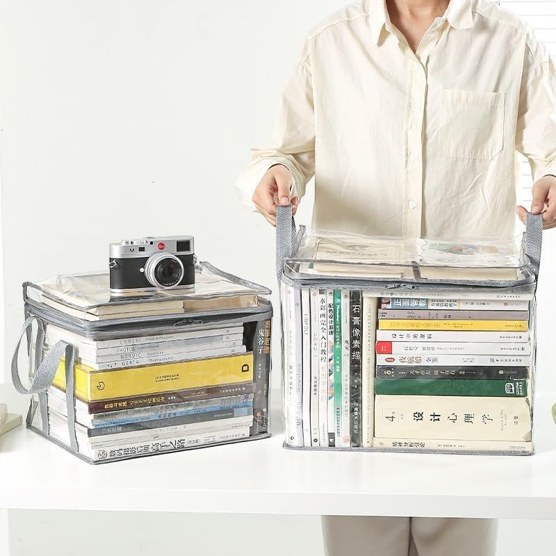 Waf Store Lebanon transparent PVC storage cases holding books and a camera, featuring grey handles and zip closures.