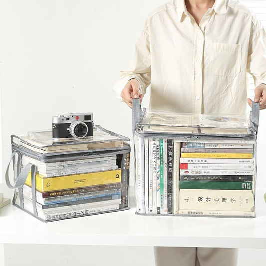 Waf Store Lebanon transparent PVC storage cases holding books and a camera, featuring grey handles and zip closures.