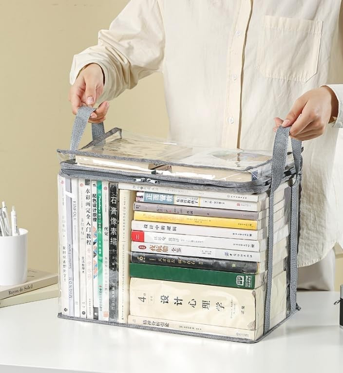 Waf Store Lebanon transparent PVC storage case with grey trim, handles, and double zipper, filled with books.