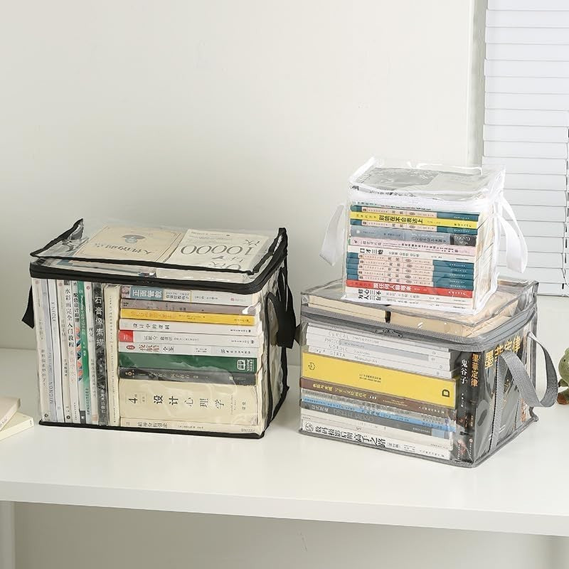 Waf Store Lebanon transparent PVC storage cases with handles and zippers, filled with books on a white desk.