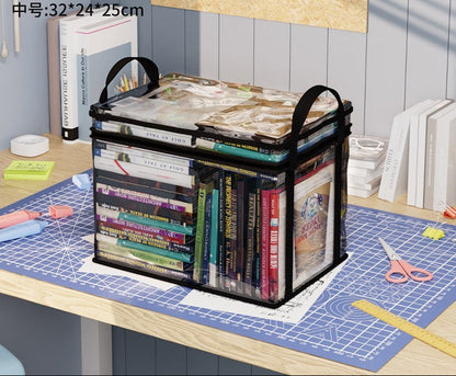 Waf Store Lebanon transparent PVC storage case with black trim, handles, and zipper, filled with books on a desk.