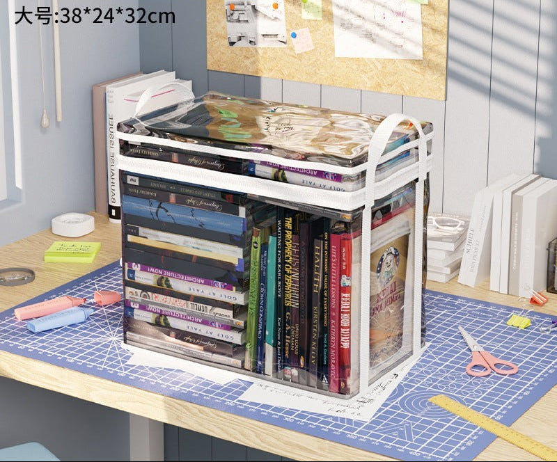 Waf Store Lebanon transparent PVC storage case with white trim, filled with books on a desk for organized storage.
