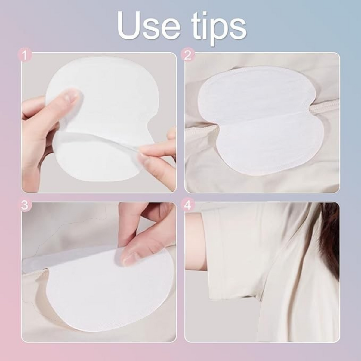 Waf Store Lebanon underarm sweat pads showing application steps on clothing for moisture absorption and odor control