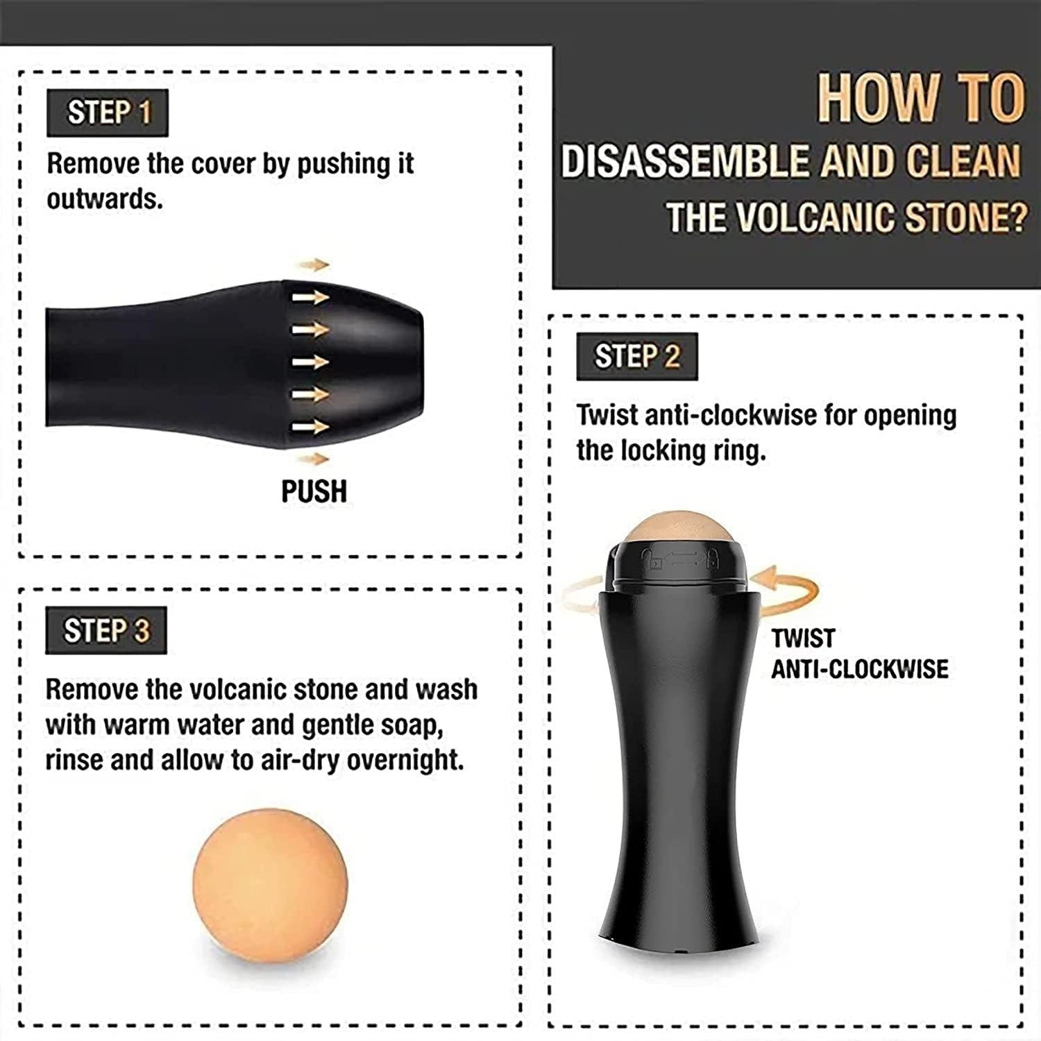 Waf Store Lebanon volcanic face roller cleaning instructions showing how to disassemble and wash the stone ball