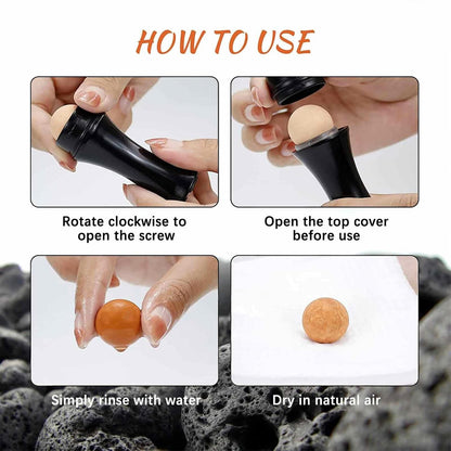 Waf Store Lebanon volcanic stone face roller showing how to open, clean, and air dry the reusable oil-absorbing ball.