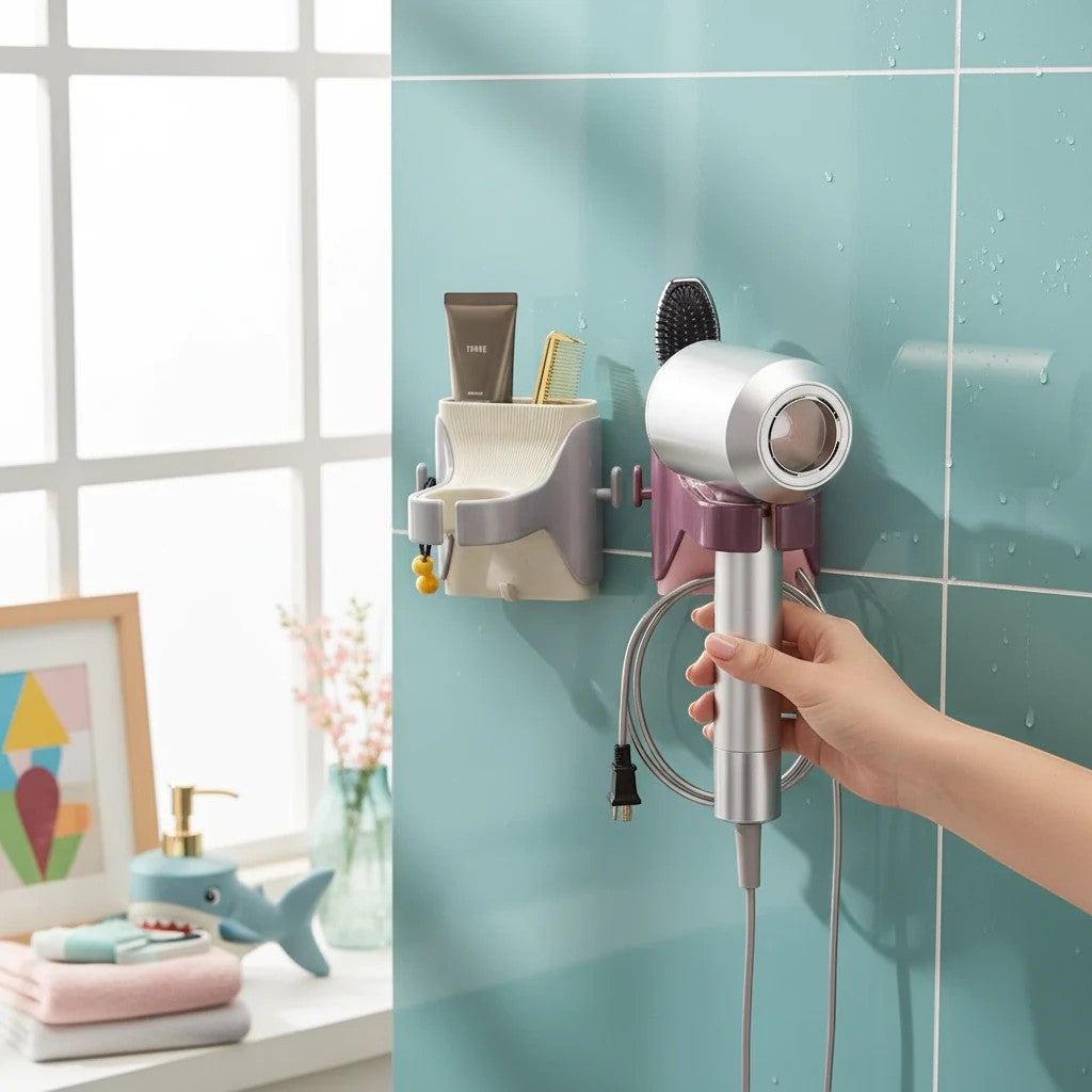 Waf Store Lebanon wall-mounted hair dryer holder with storage shelf for brushes and styling tools in a bathroom.