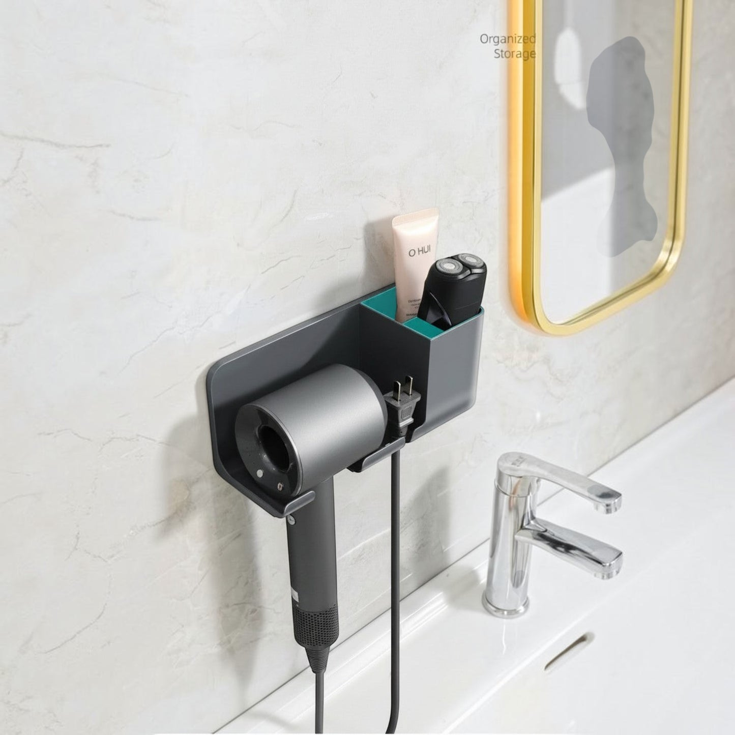 Waf Store Lebanon wall-mounted dark grey hair dryer holder with two accessory compartments on a bathroom wall