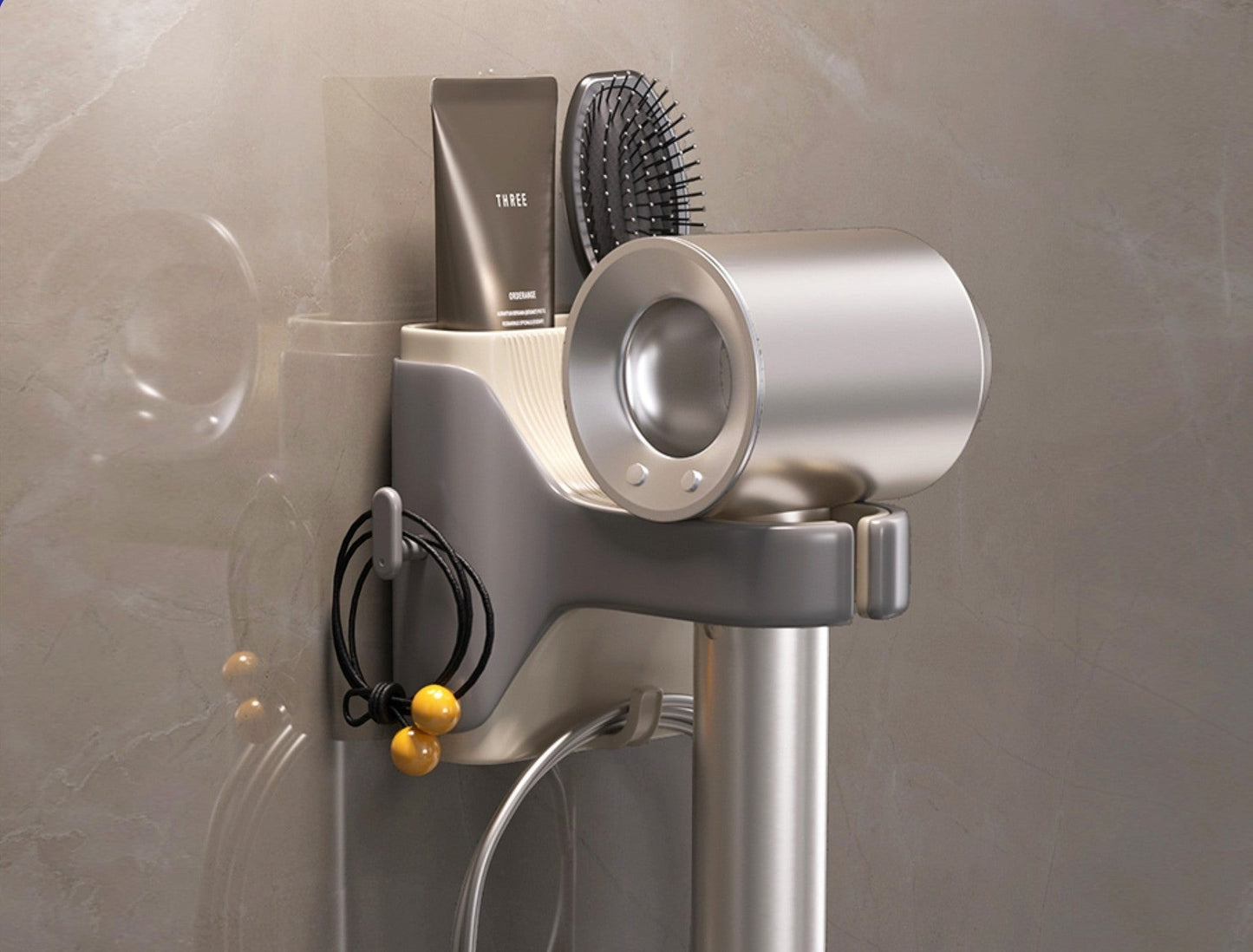 Waf Store Lebanon wall-mounted grey and white hair dryer holder with storage shelf for brushes and styling tools