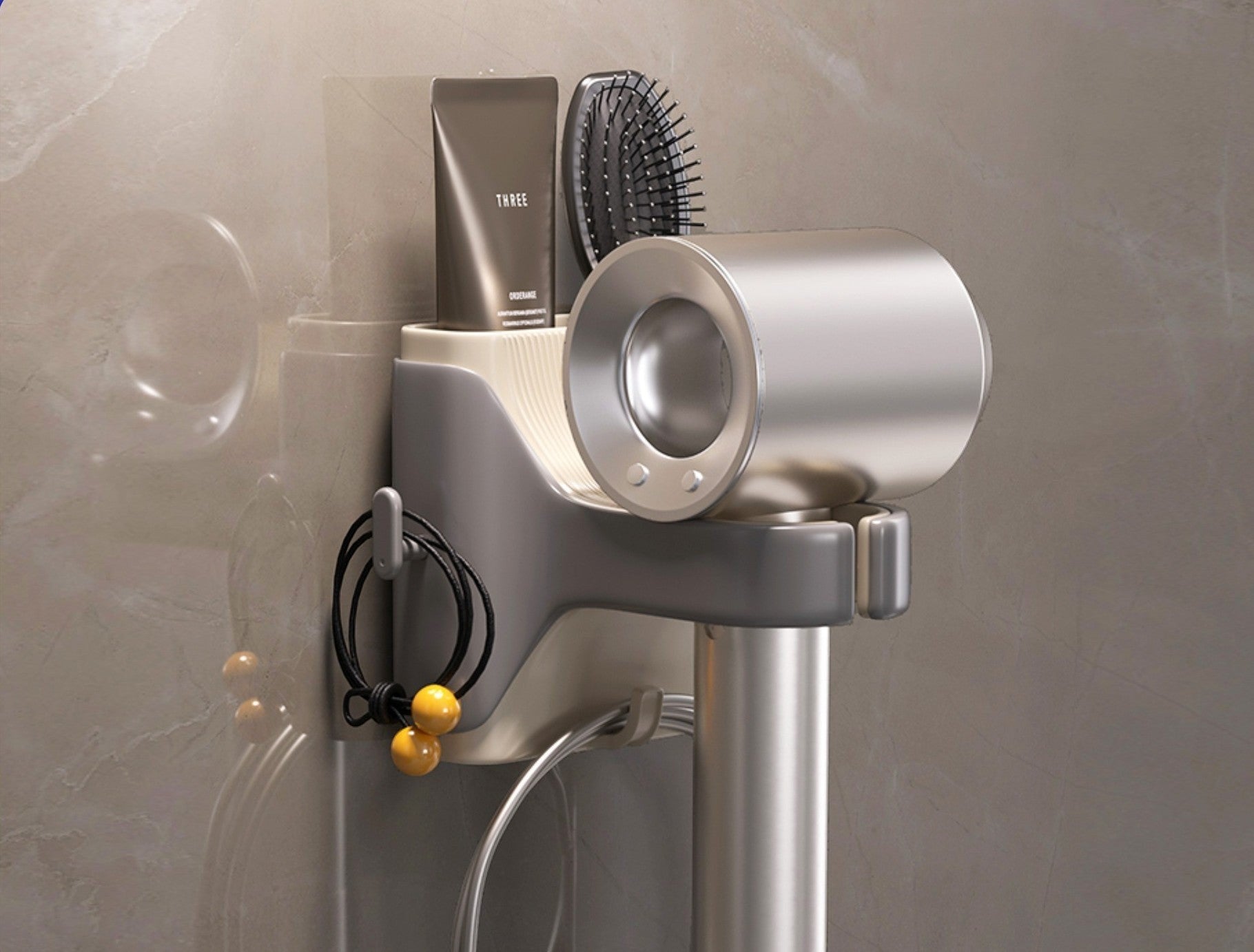 Waf Store Lebanon wall-mounted grey and white hair dryer holder with storage shelf for brushes and styling tools