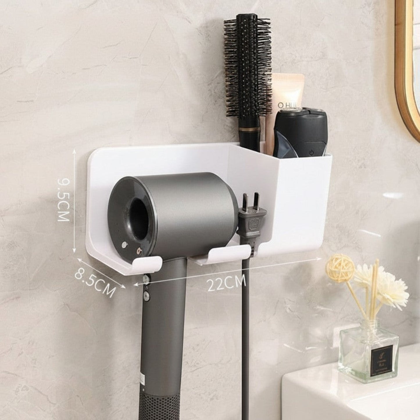 Waf Store Lebanon wall mounted white plastic hair dryer holder with storage compartments for styling accessories