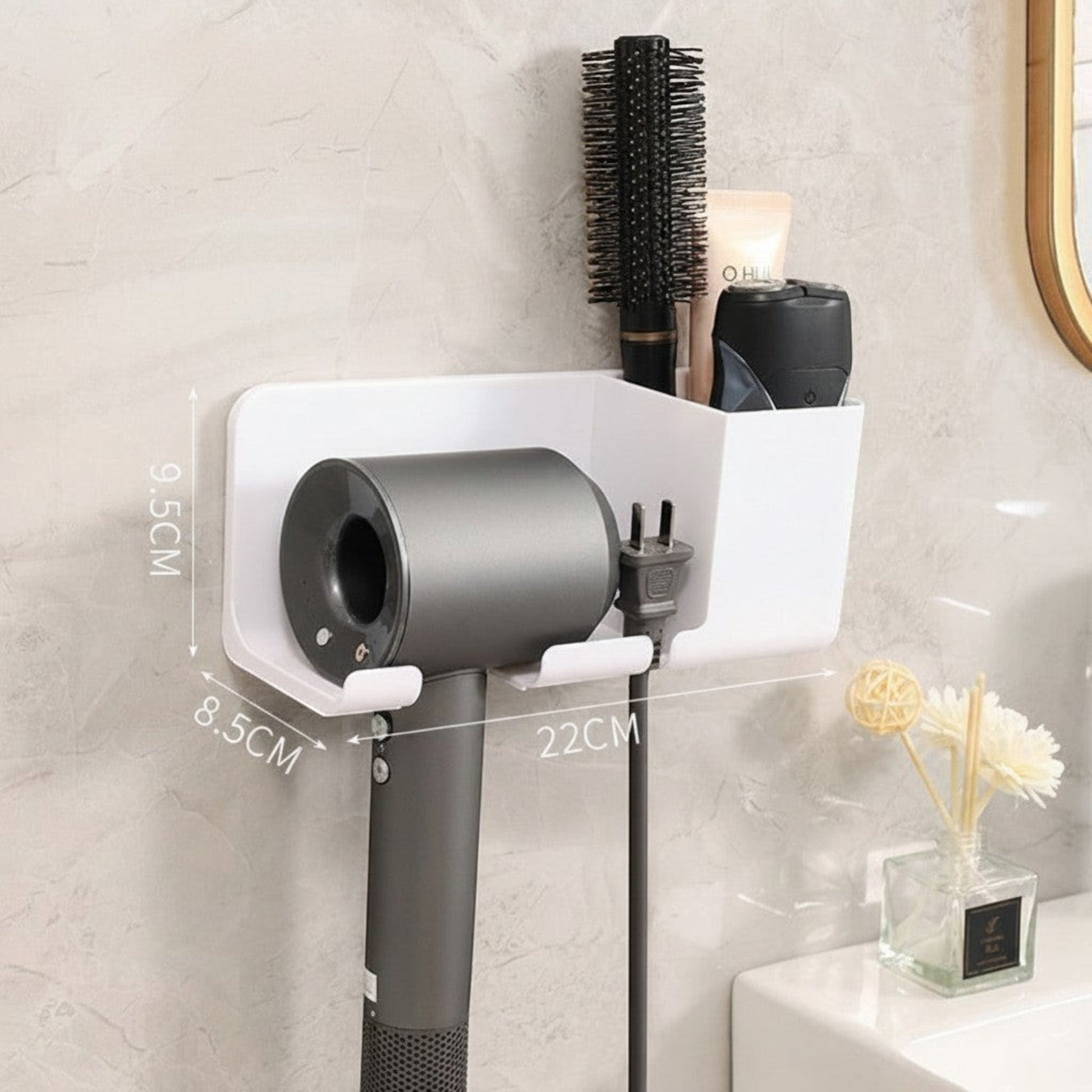 Waf Store Lebanon wall mounted white plastic hair dryer holder with storage compartments for styling accessories