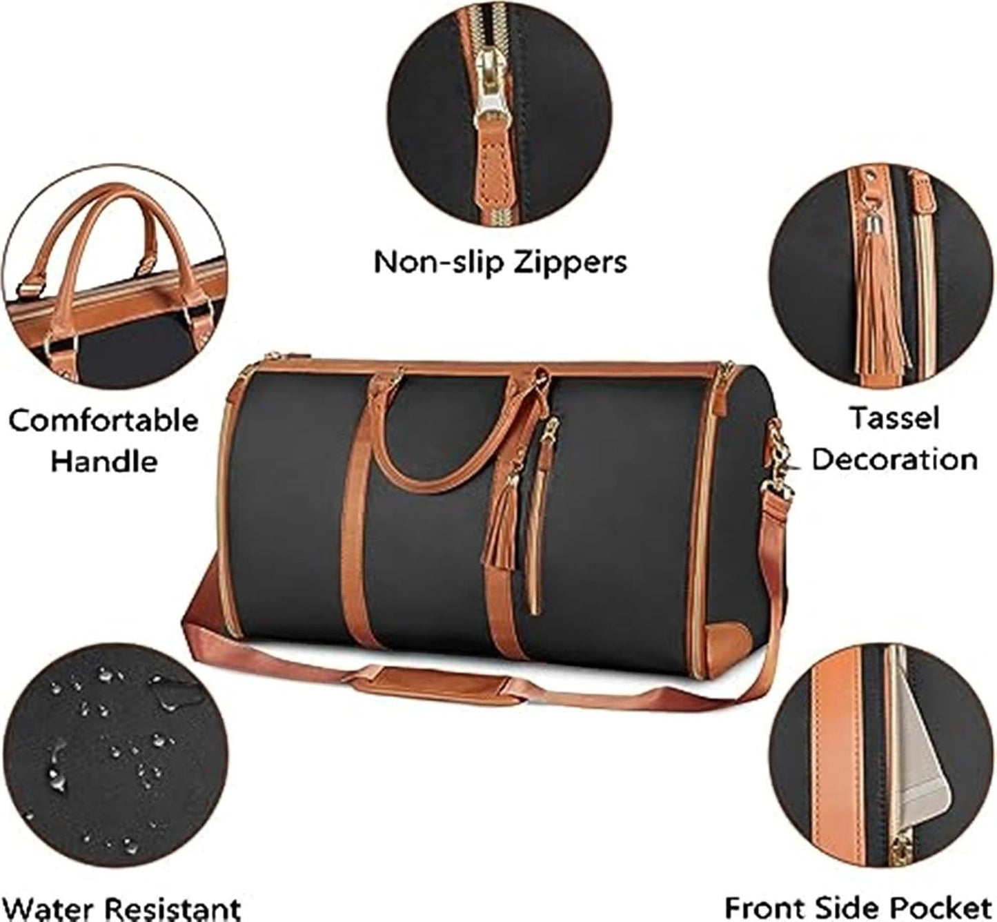 Waf Store Lebanon waterproof PU leather garment duffel bag in black and tan with tassel, shoulder strap, and pockets.