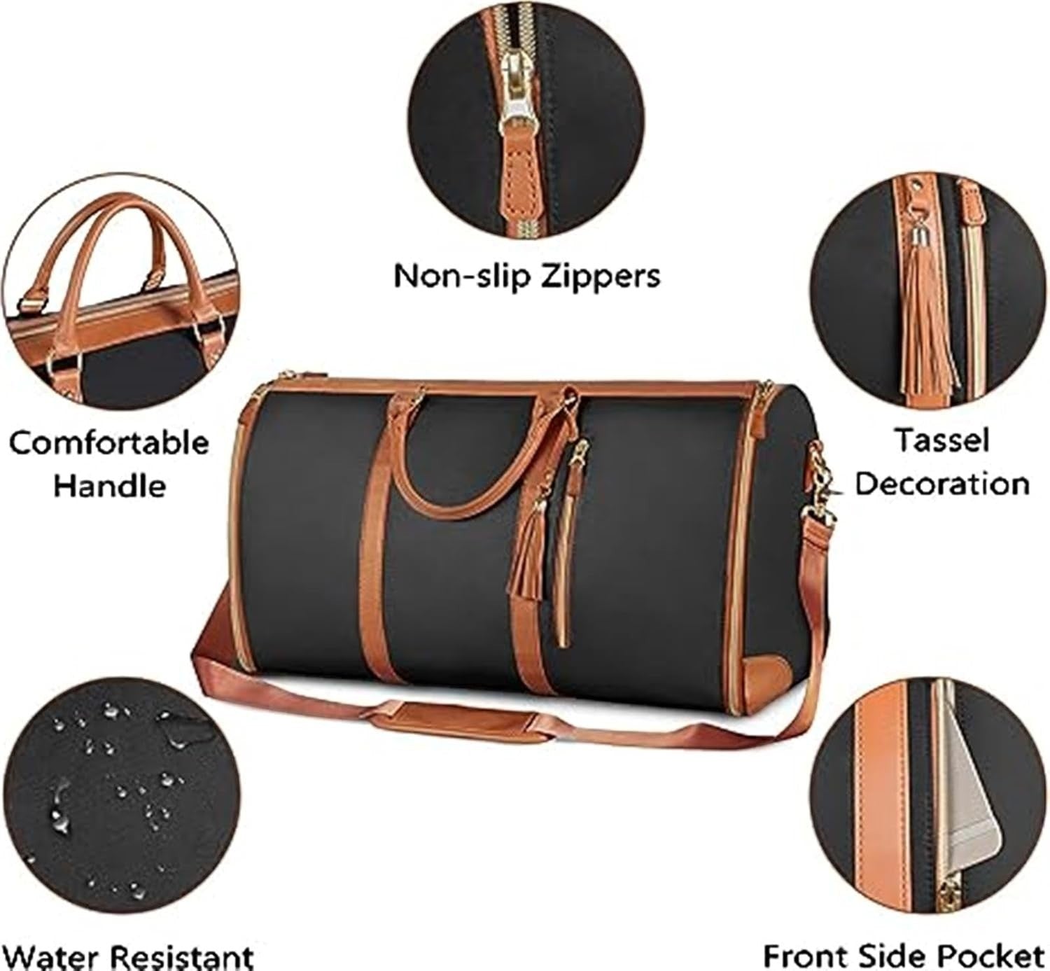Waf Store Lebanon waterproof PU leather garment duffel bag in black and tan with tassel, shoulder strap, and pockets.