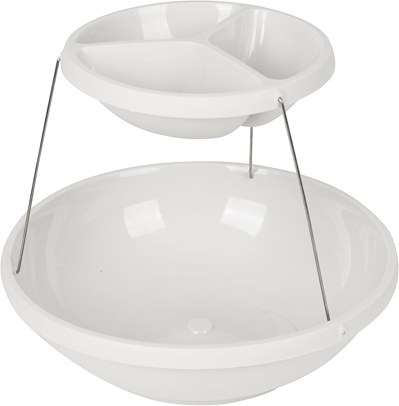 Waf Store Lebanon white 2-tier foldable plastic snack tray for serving appetizers, cakes, and fruit at events.