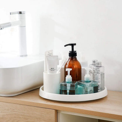 Waf Store Lebanon white rotating spice organizer holding toiletries and skincare bottles on a bathroom vanity