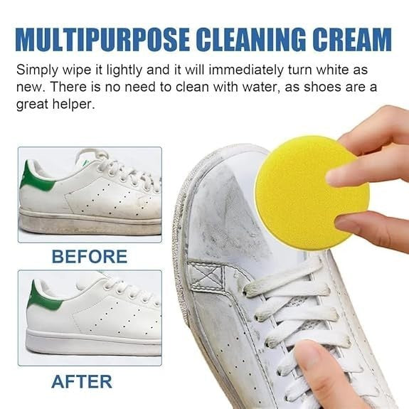 Waf Store Lebanon white shoe cleaning cream with yellow sponge removing dirt from leather sneaker before and after