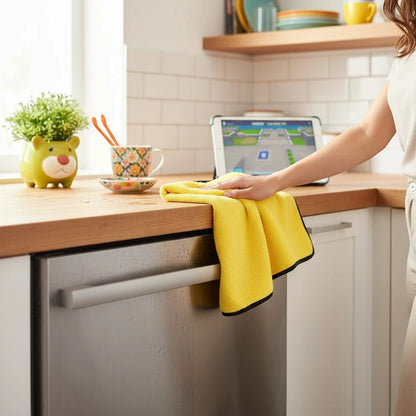 Waf Store Lebanon yellow microfiber coral fleece cleaning towel wiping a kitchen counter with a black silk edge