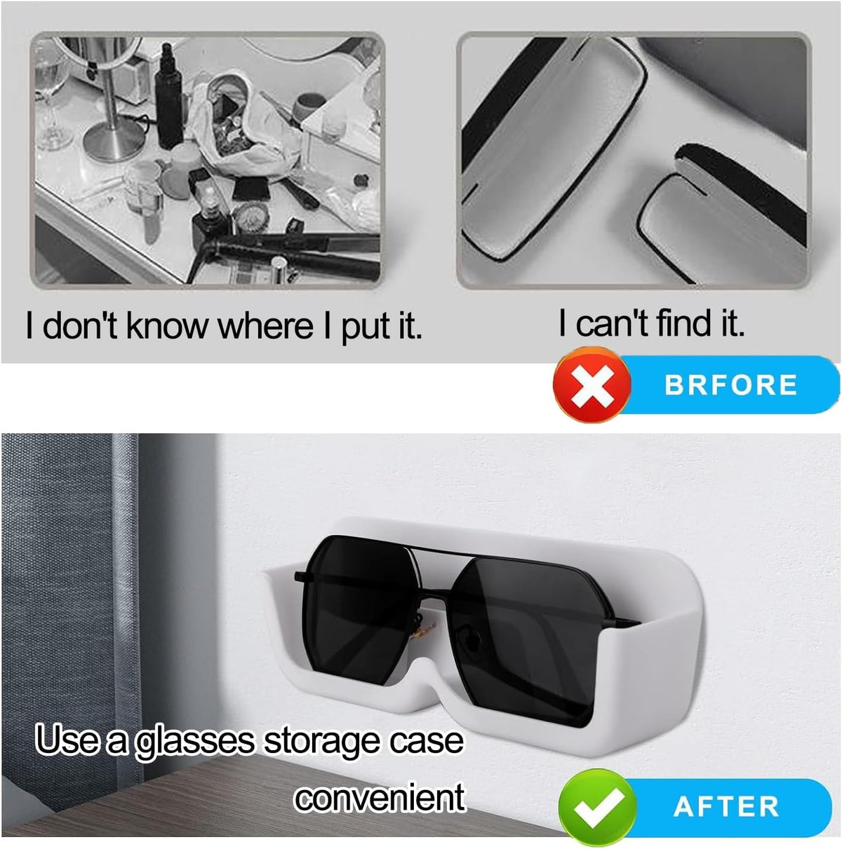 Wall mounted glasses organizer for sunglasses and reading glasses