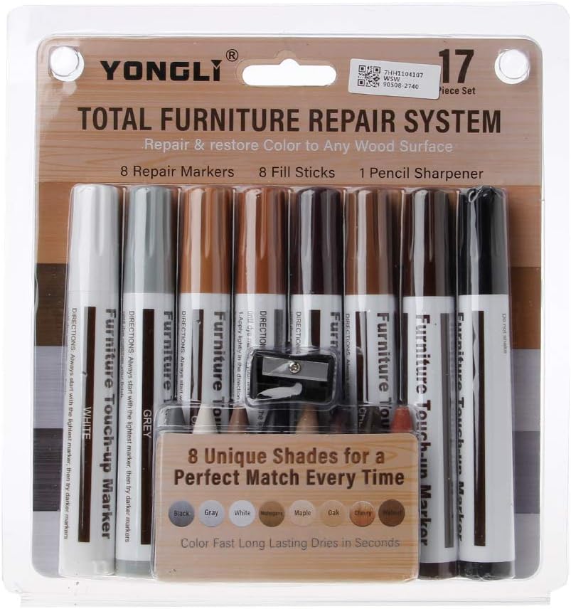 Color-matching furniture repair for mahogany, white, grey and black wood